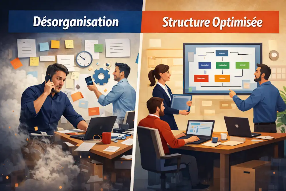 Comparaison entre un bureau désorganisé et une équipe structurée utilisant des processus clairs pour améliorer la performance commerciale
