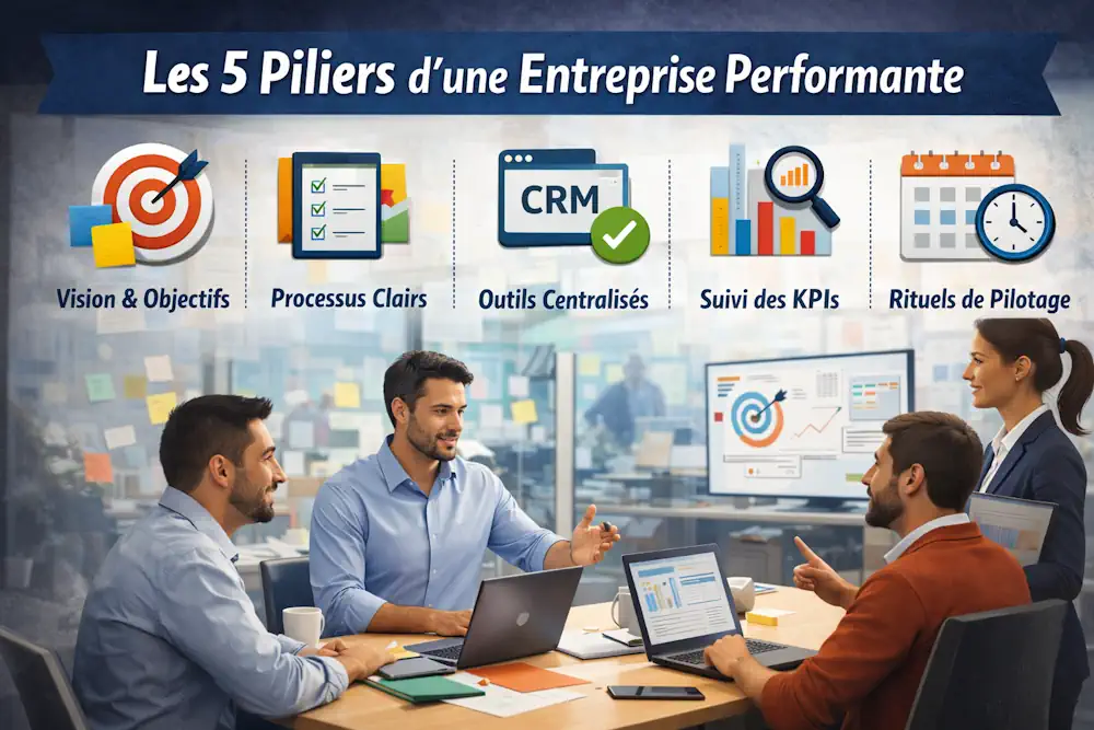 Équipe en réunion stratégique illustrant vision, processus, outils centralisés, suivi des KPIs et rituels de pilotage